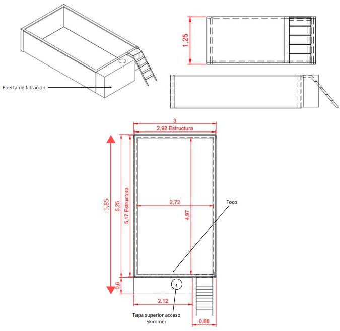 Piscina Elevada Eco Basic Especificaciones Tecnicas 5.80mx3m